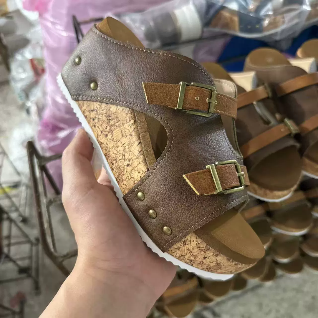 Dual Buckle Cork Wedge Slide Sandals