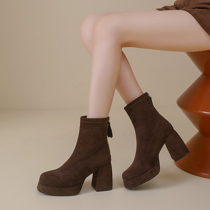 Platform Block Heel Back Zip Ankle Boots