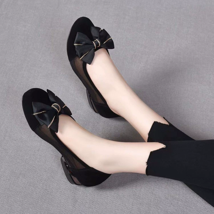 Mesh Rhinestone Bow Low Block Heel Pumps for Women