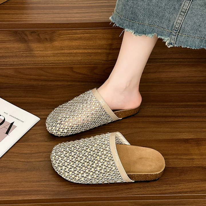 Shiny Mesh Rhinestone Open Back Mules
