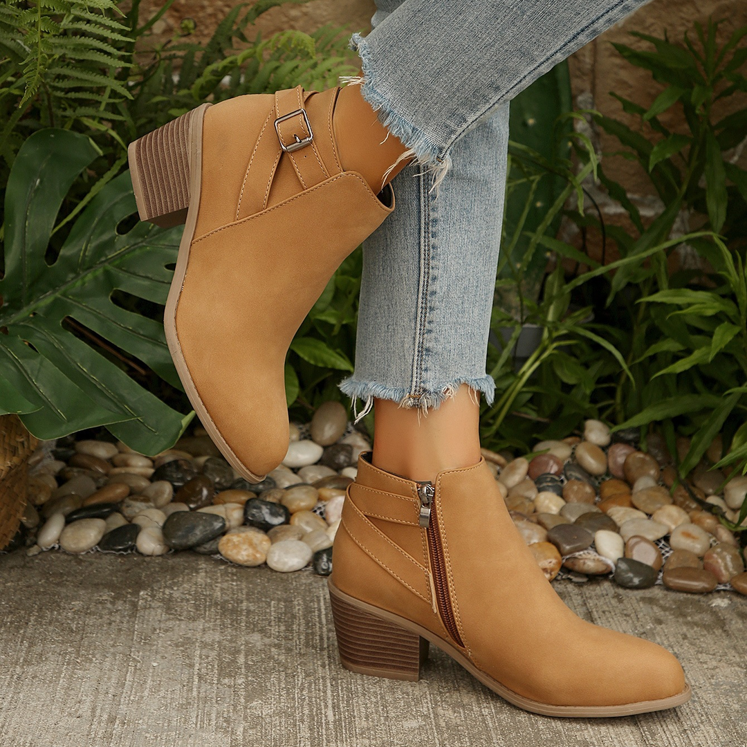 Women Side Zip Chunky Heel Ankle Booties