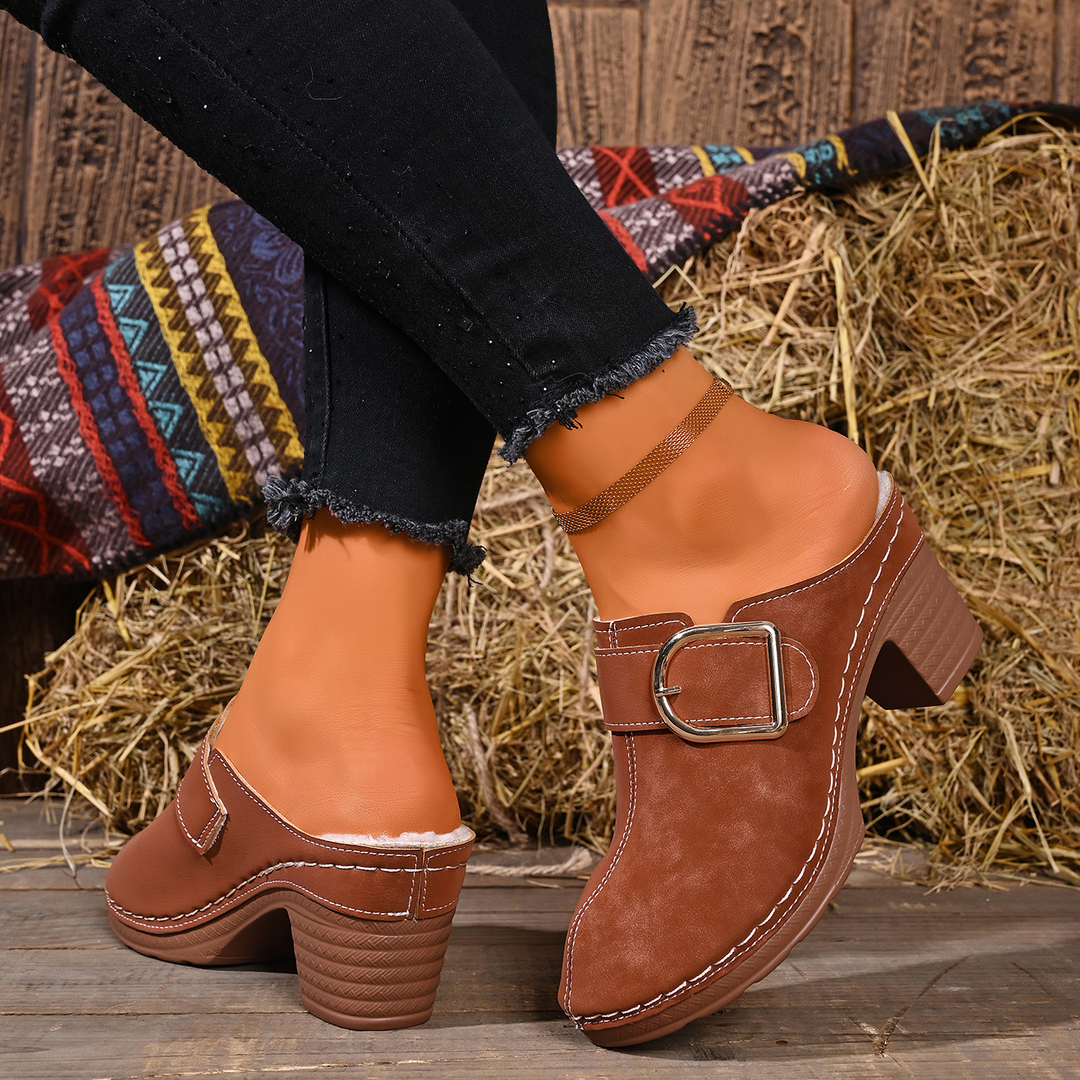 Warm Lined Buckle Decor Block Heel Clogs