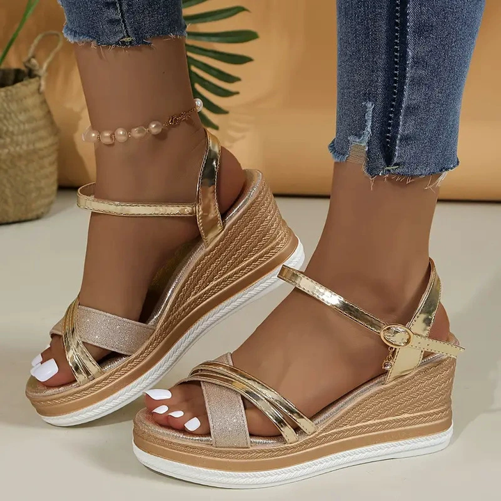 Women Metallic Crisscross Wedge Sandals