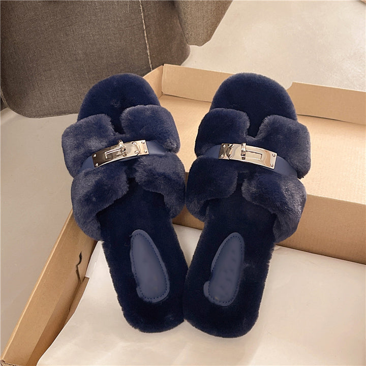 Plush Open Toe Slide Slippers