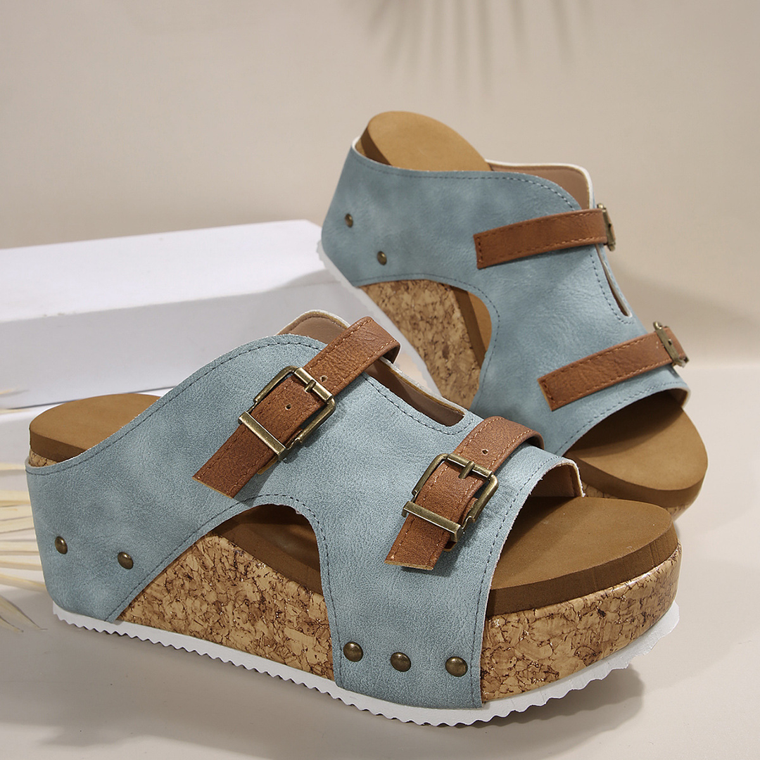 Dual Buckle Cork Wedge Slide Sandals
