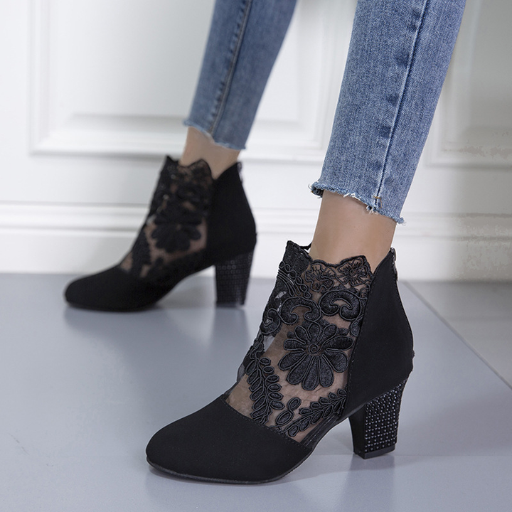 See Through Floral Lace Mesh Rhinestone Block Heel Booties