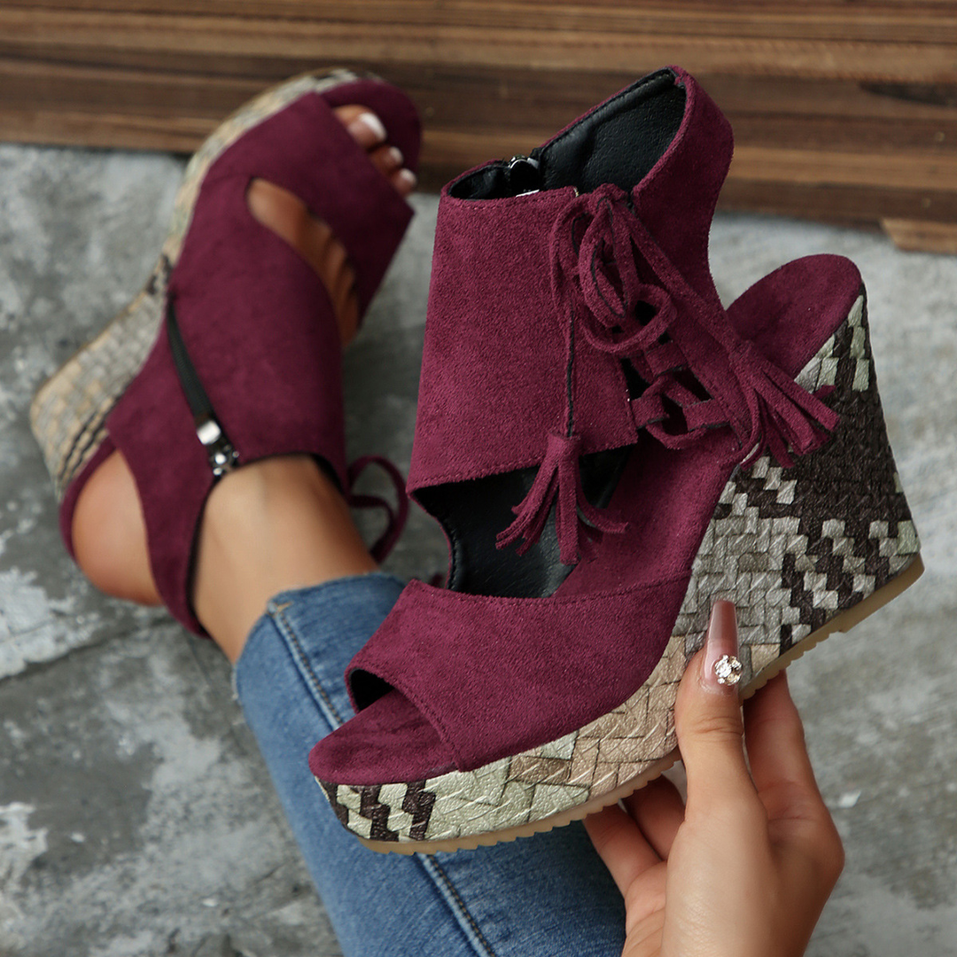 Tassel Lace Up Woven Wedge Ankle Sandals
