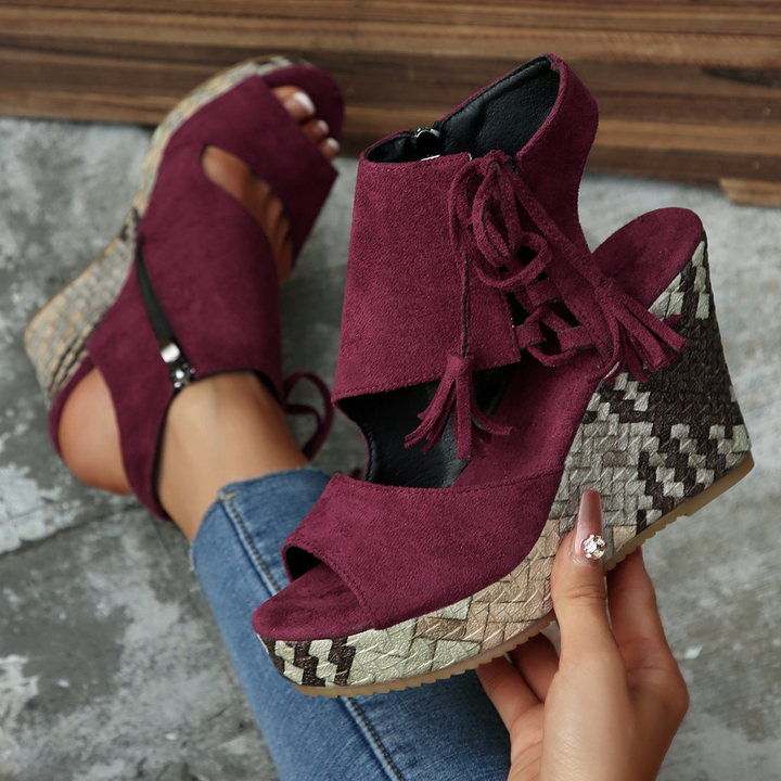 Tassel Lace Up Woven Wedge Ankle Sandals