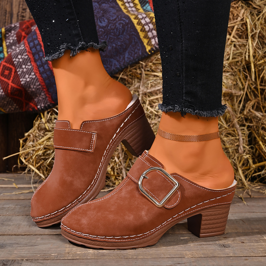 Warm Lined Buckle Decor Block Heel Clogs