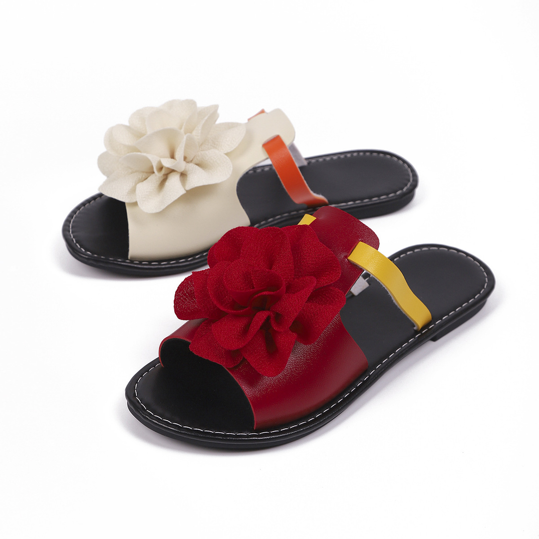 Color Block Floral Flat Open Toe Slide Sandals