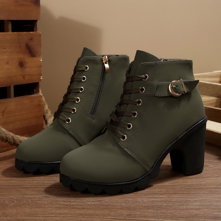 Side Zipper Buckle Strap Block Heel Ankle Boots