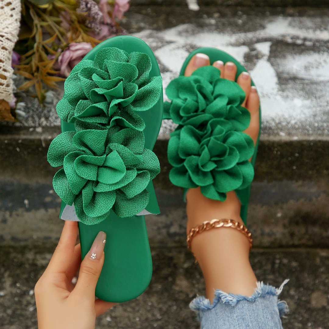 Boho Two Big Flower Flat Casual Beach Slide Sandals