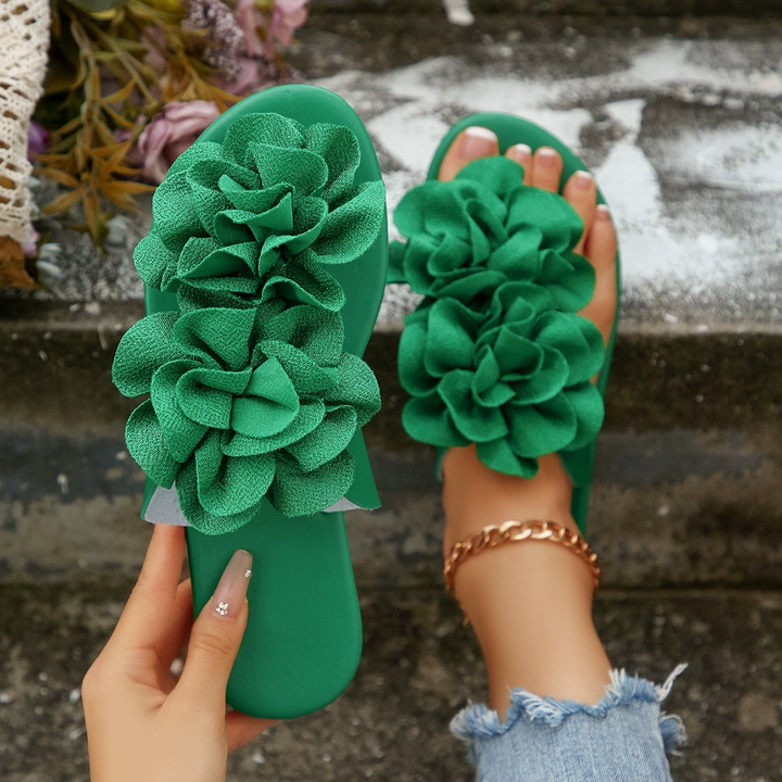 Boho Two Big Flower Flat Casual Beach Slide Sandals
