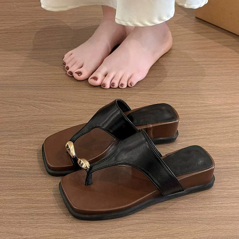 Minimal Gold Buckle Square Toe Flip Flops For Women