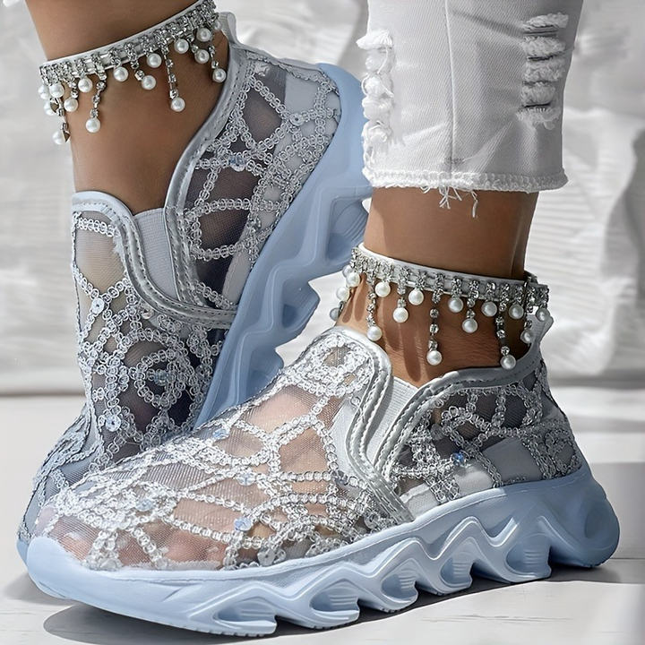 Sparkle Mesh Slip On Platform Casual Sneakers