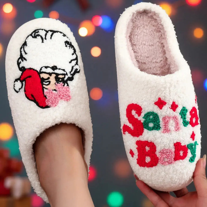 Christmas Santa Baby Printed Fuzzy Closed Toe Indoor Slippers