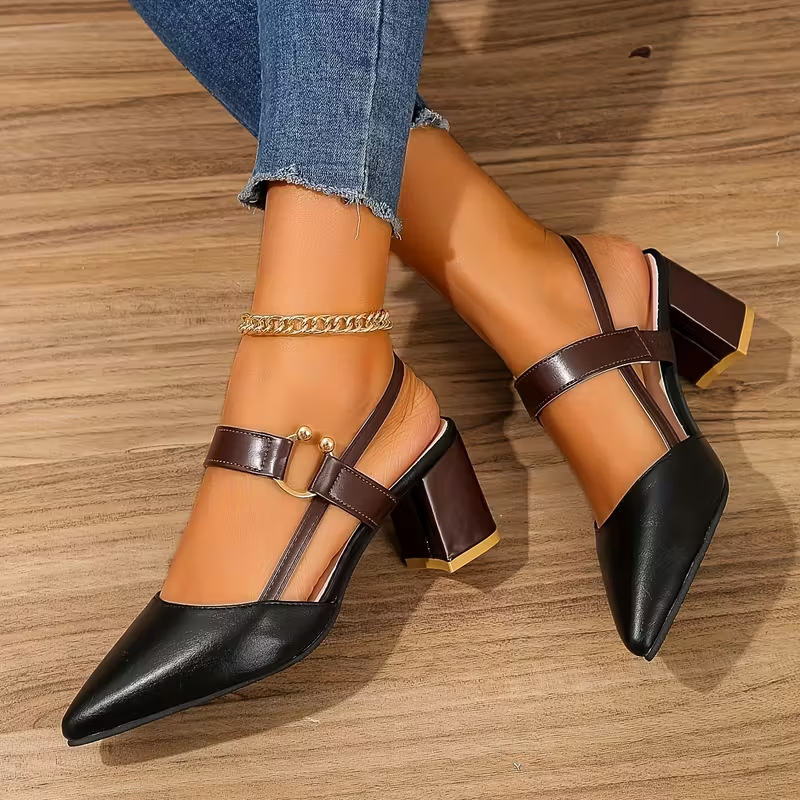 Retro pointed toe chunky heel Mary Jane shoes