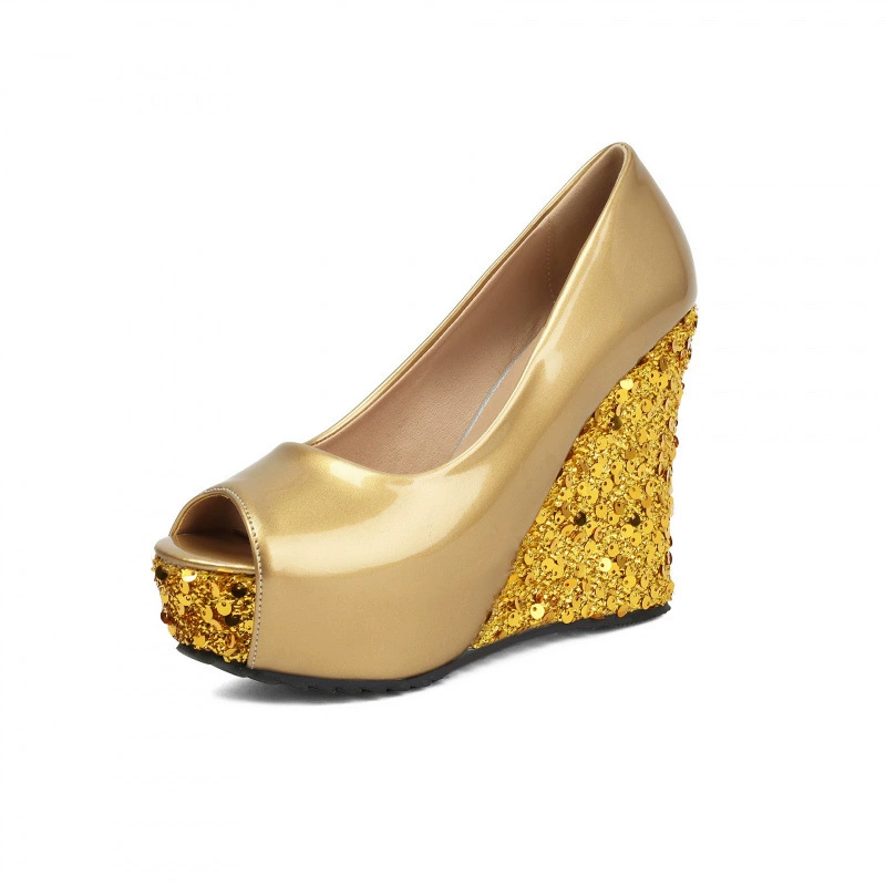 Sequin Wedge Peep Toe Platform Heels