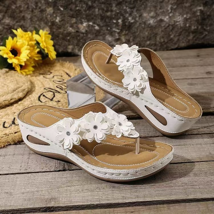 Floral Decor Wedge Heel Flip Flop Sandals