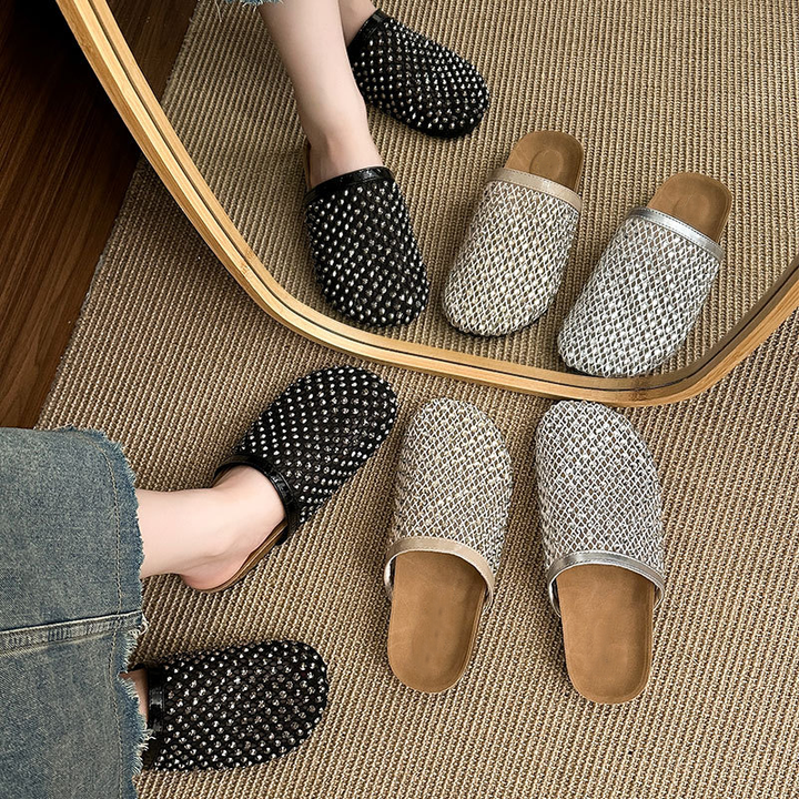 Shiny Mesh Rhinestone Open Back Mules