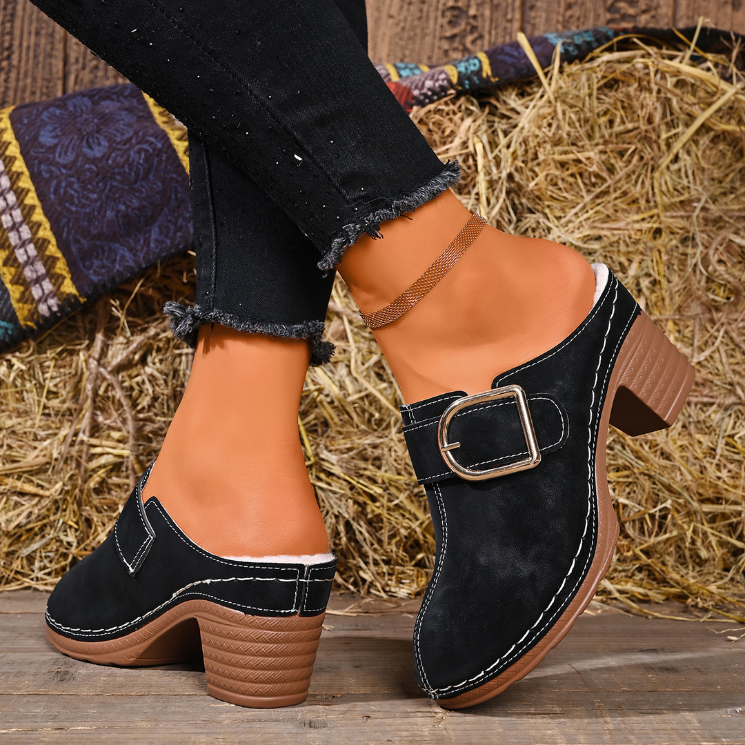 Warm Lined Buckle Decor Block Heel Clogs
