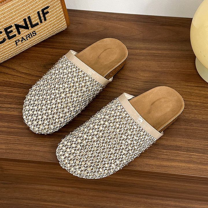 Shiny Mesh Rhinestone Open Back Mules