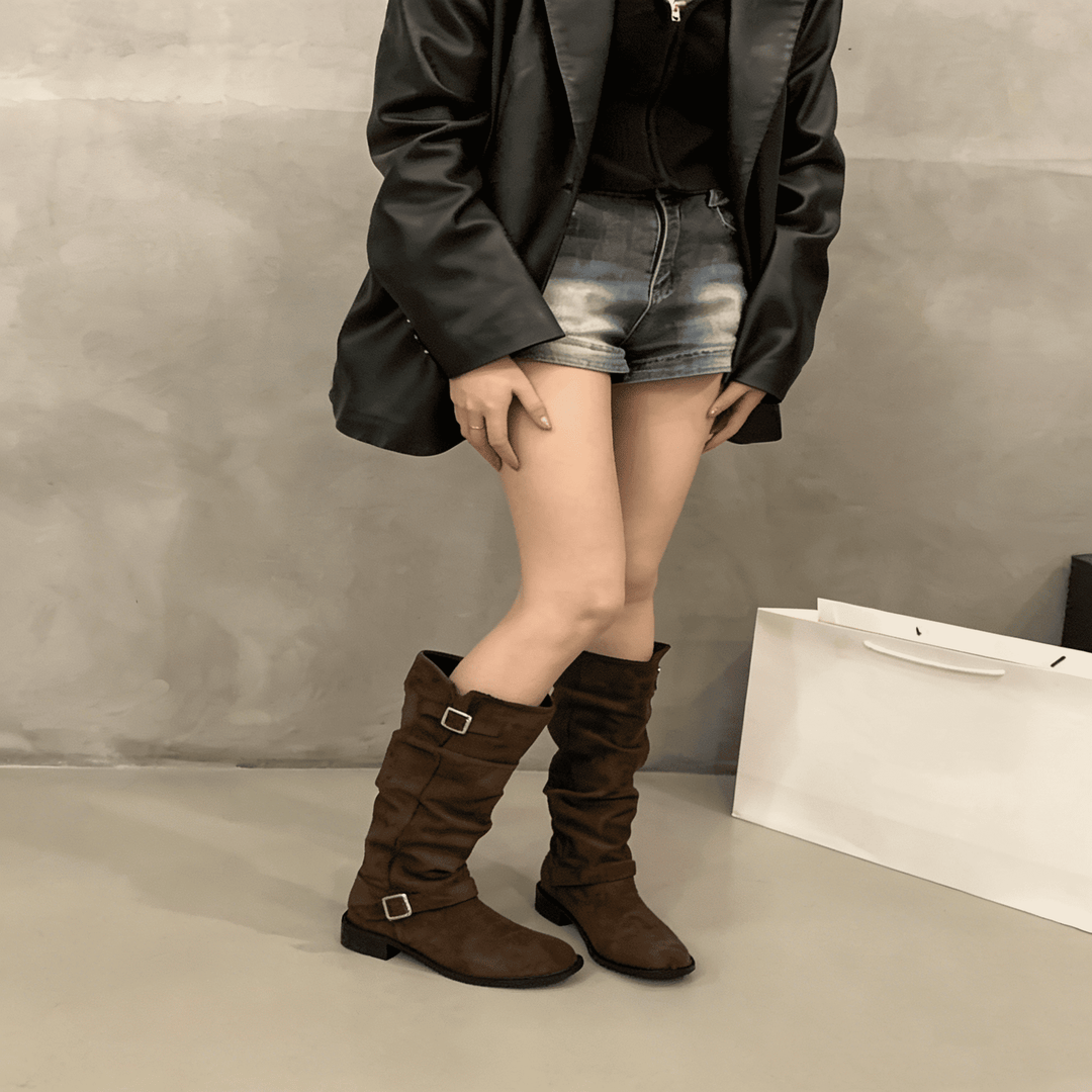 Chunky Heel Suede Rider Boots