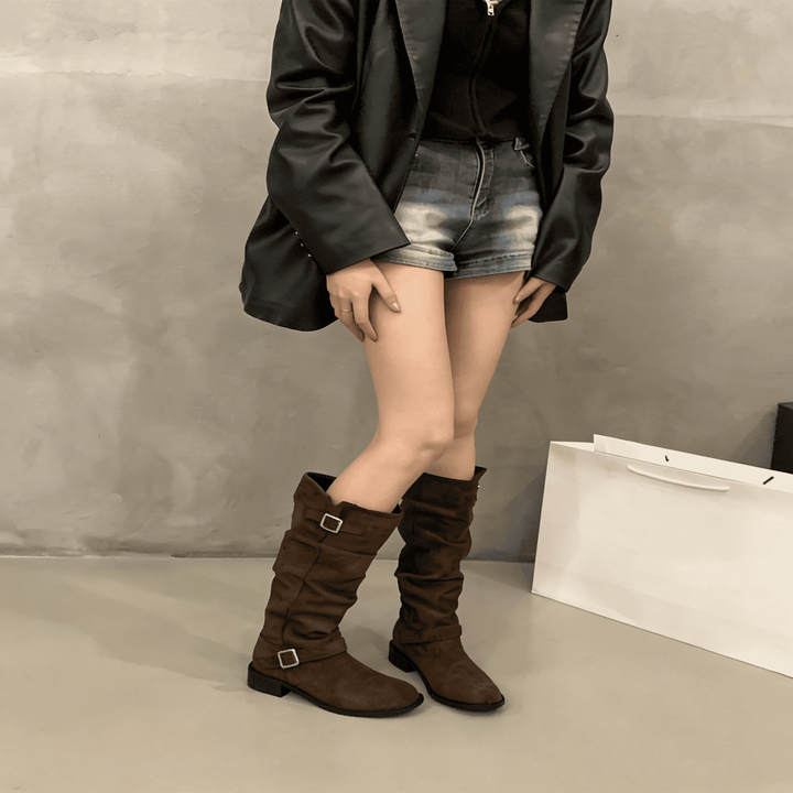 Chunky Heel Suede Rider Boots
