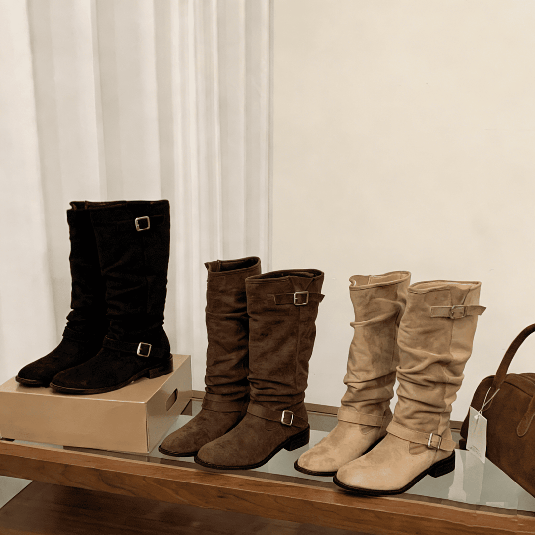 Chunky Heel Suede Rider Boots