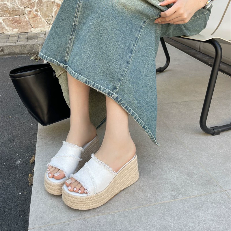 Frayed Denim Espadrille Wedge Slide Sandals