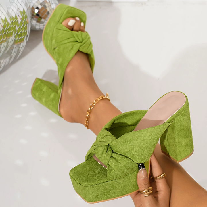 Knotted Suede Platform Block Heel Slide Sandals