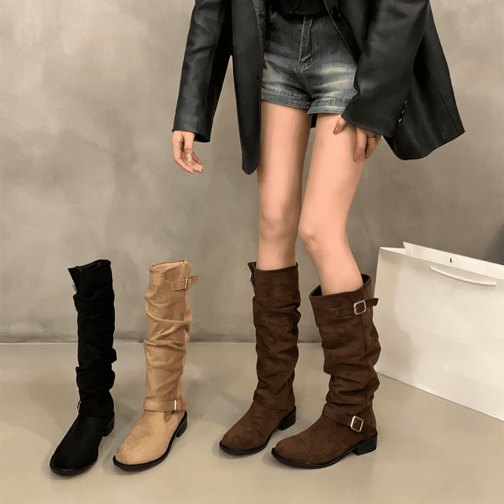 Chunky Heel Suede Rider Boots
