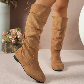 Ruched Knee High Boots Back Lace Up Flat Heel Boots