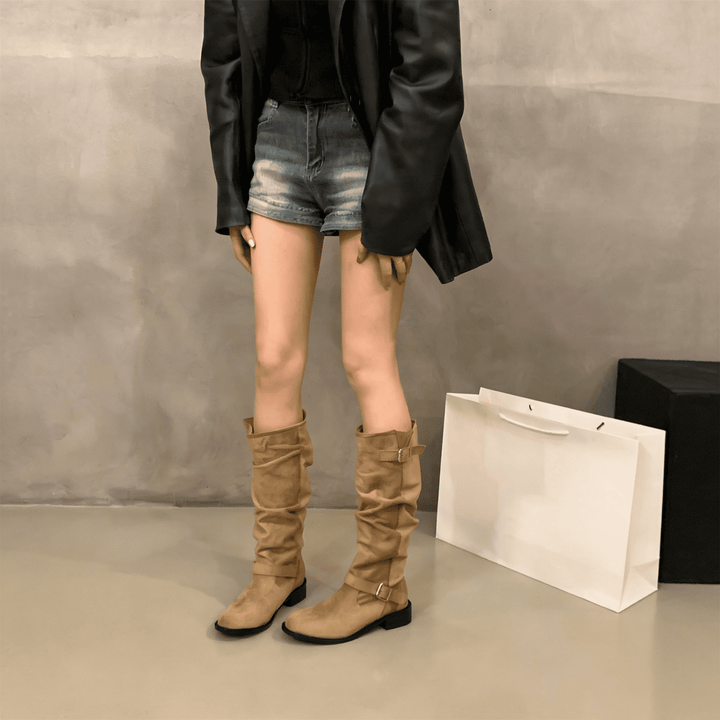 Chunky Heel Suede Rider Boots