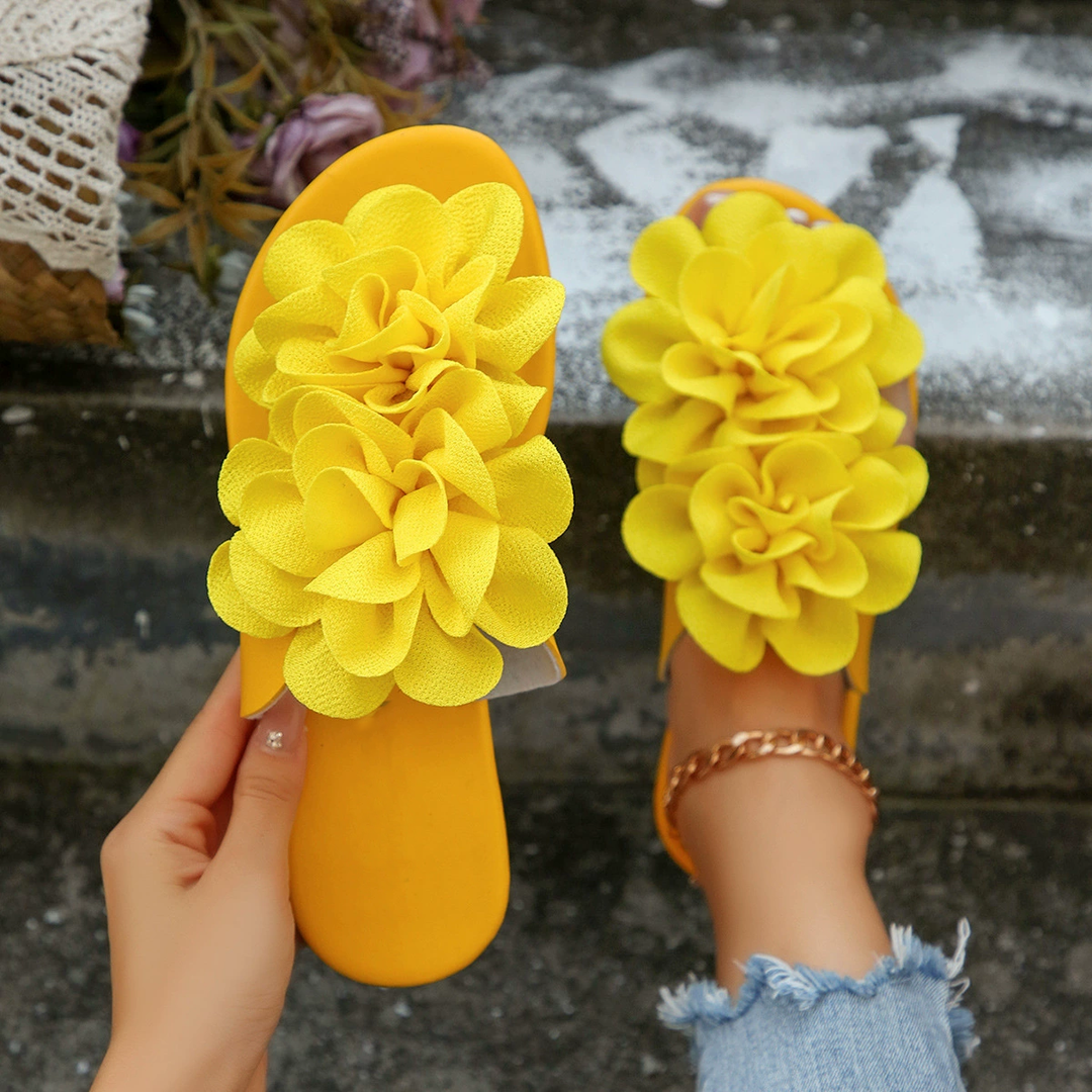 Boho Two Big Flower Flat Casual Beach Slide Sandals