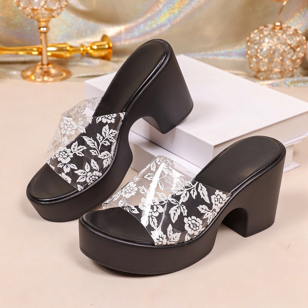Floral Clear Strap Platform Block Heel Slides