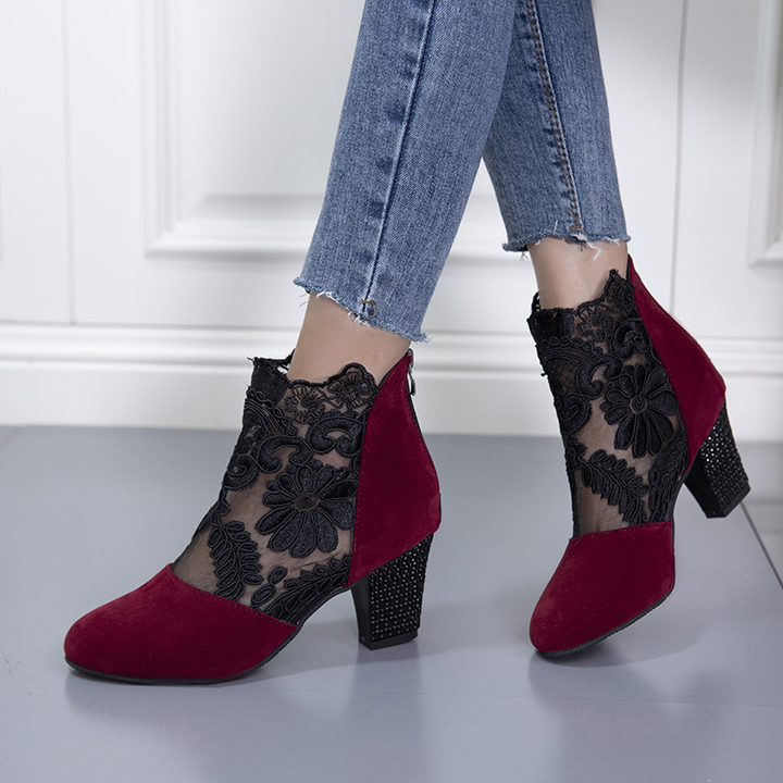 See Through Floral Lace Mesh Rhinestone Block Heel Booties