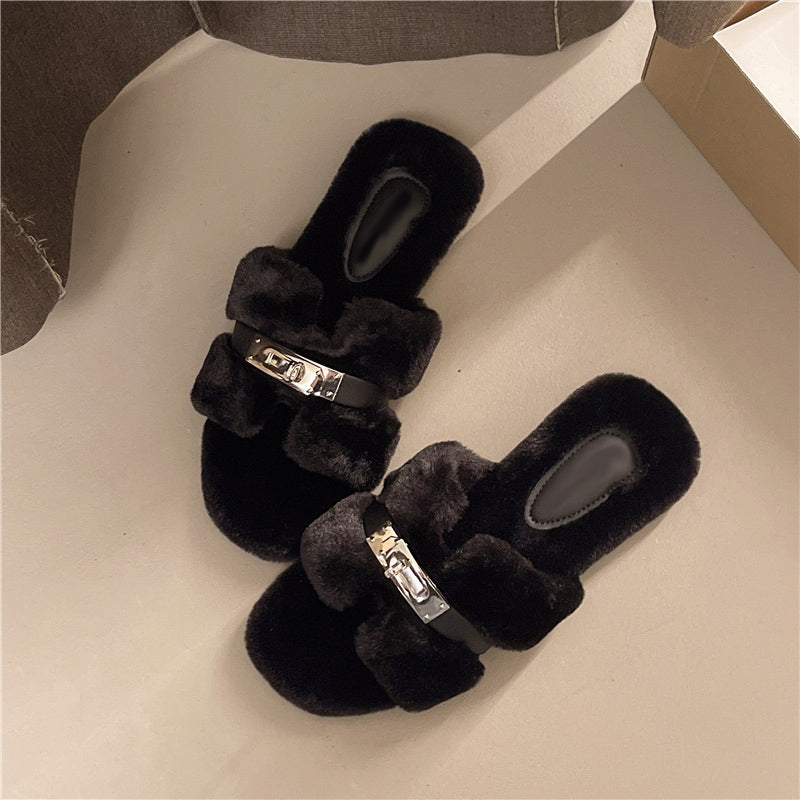 Plush Open Toe Slide Slippers