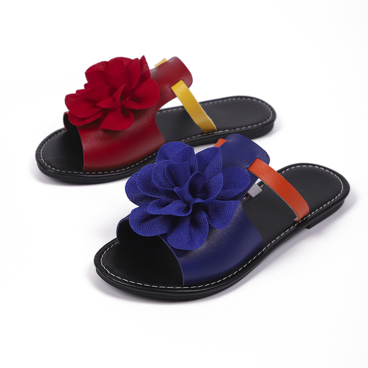 Color Block Floral Flat Open Toe Slide Sandals