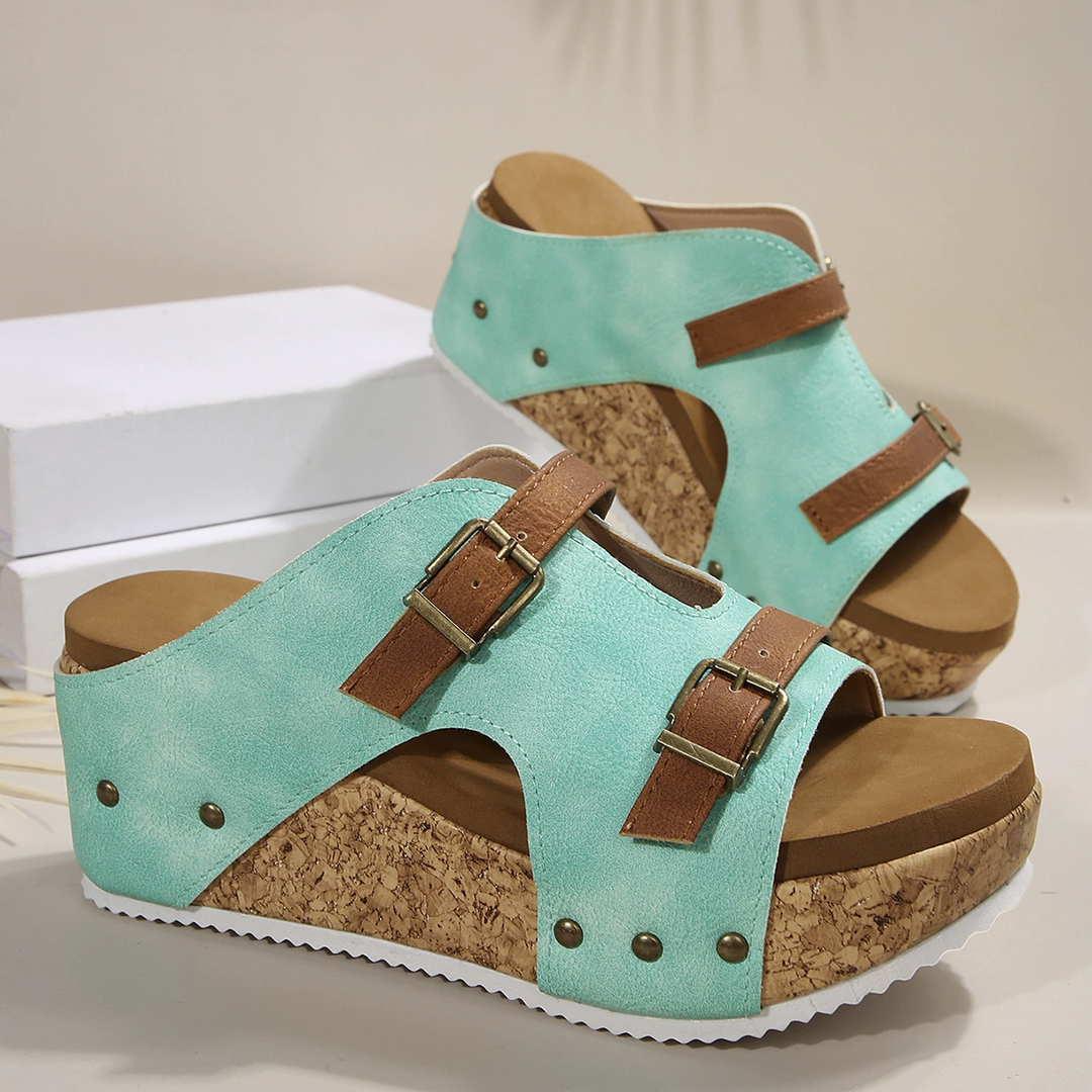 Dual Buckle Cork Wedge Slide Sandals