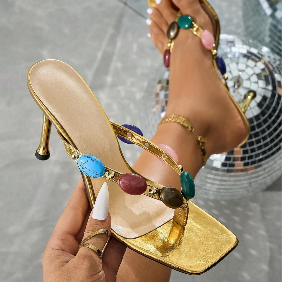 Square Toe Colorful Stone Stiletto Heel Sandals