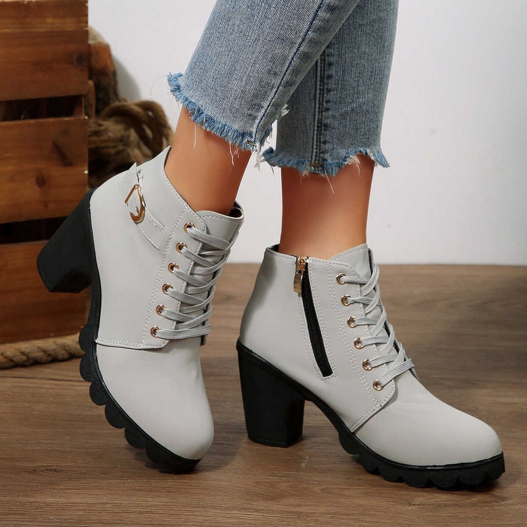 Side Zipper Buckle Strap Block Heel Ankle Boots