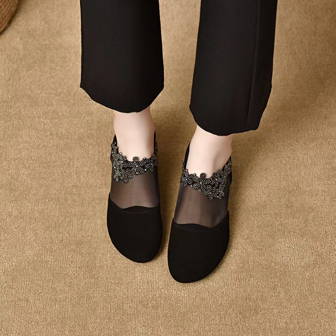 Rhinestone Floral Mesh Back Zip Block Heels