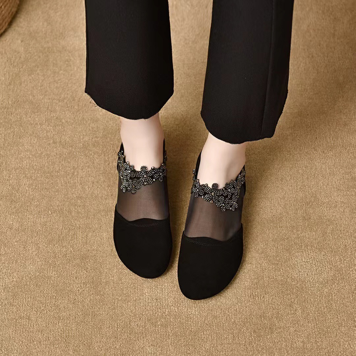 Rhinestone Floral Mesh Back Zip Block Heels