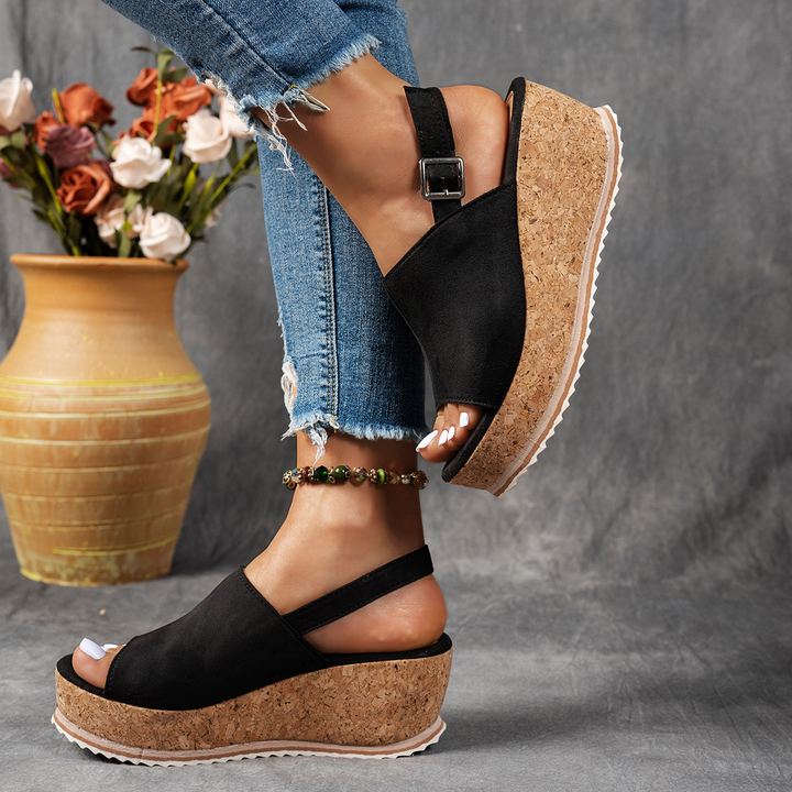Adjustable Buckle Cork Wedge Slide Sandals