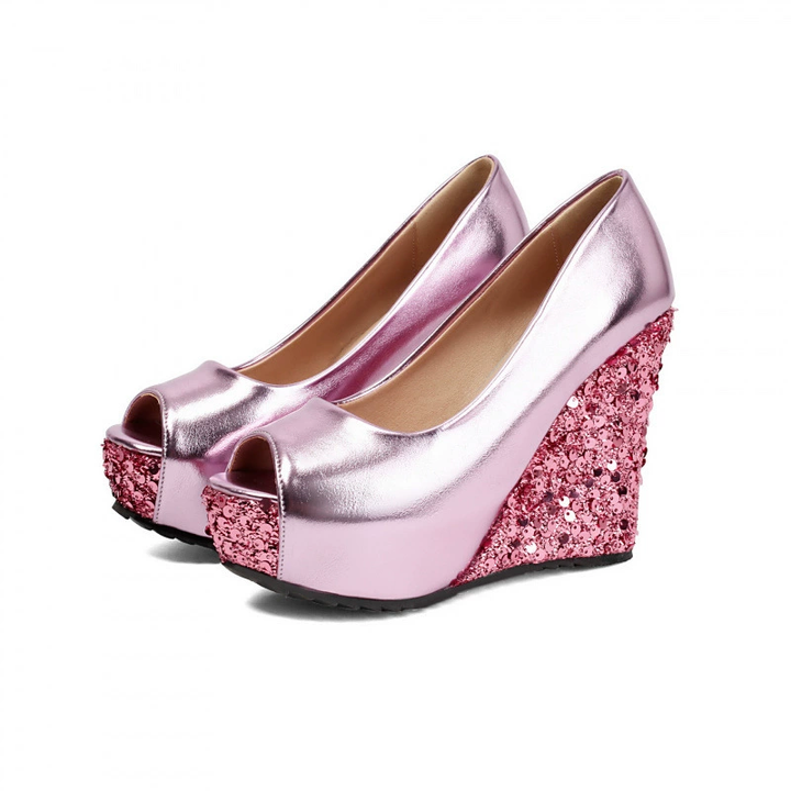Sequin Wedge Peep Toe Platform Heels