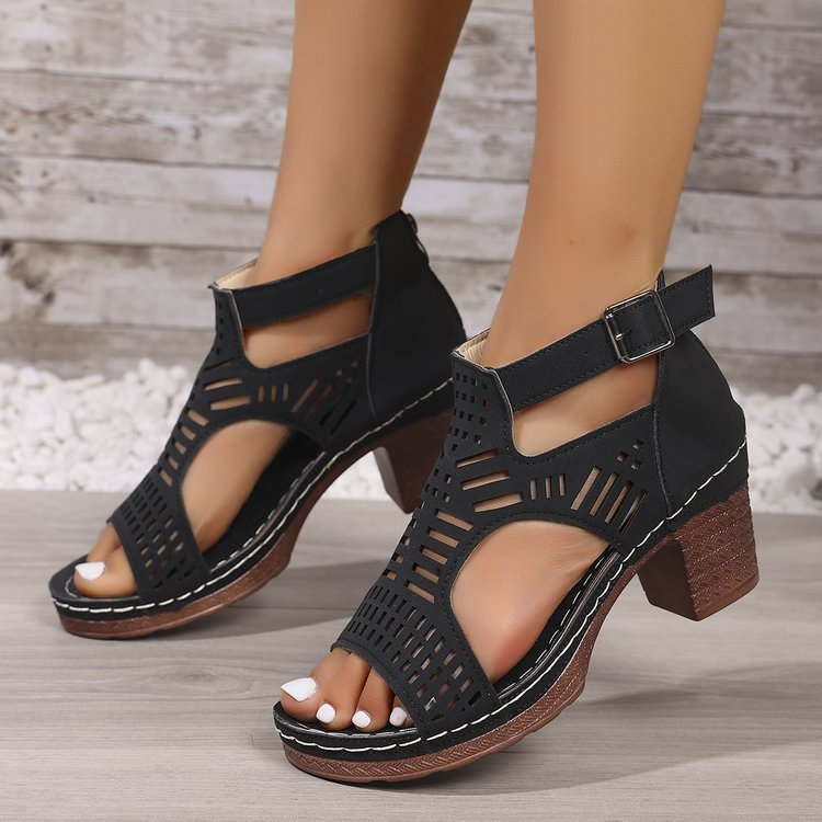 Cut-Out Ankle Strap Chunky Heel Sandals