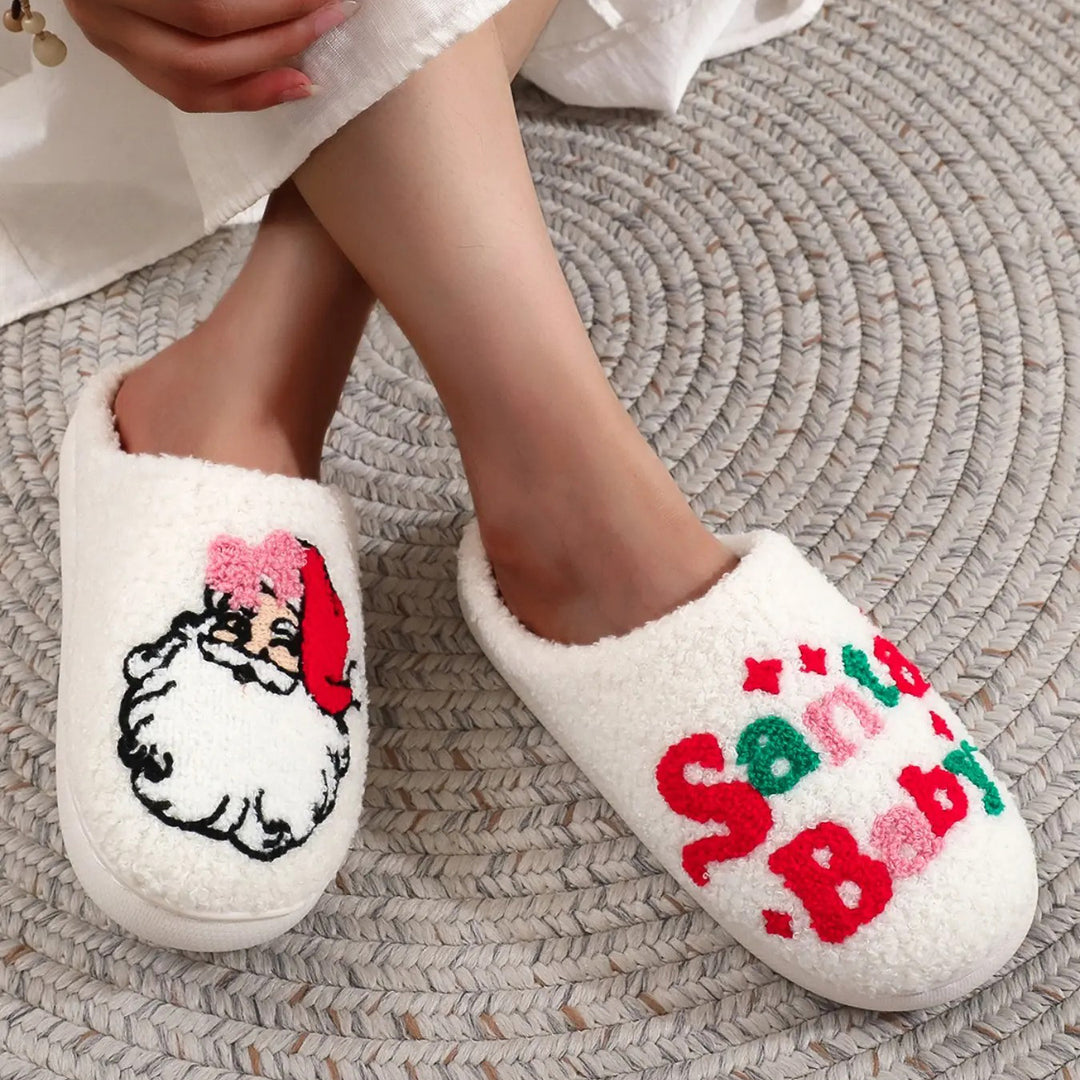 Christmas Santa Baby Printed Fuzzy Closed Toe Indoor Slippers
