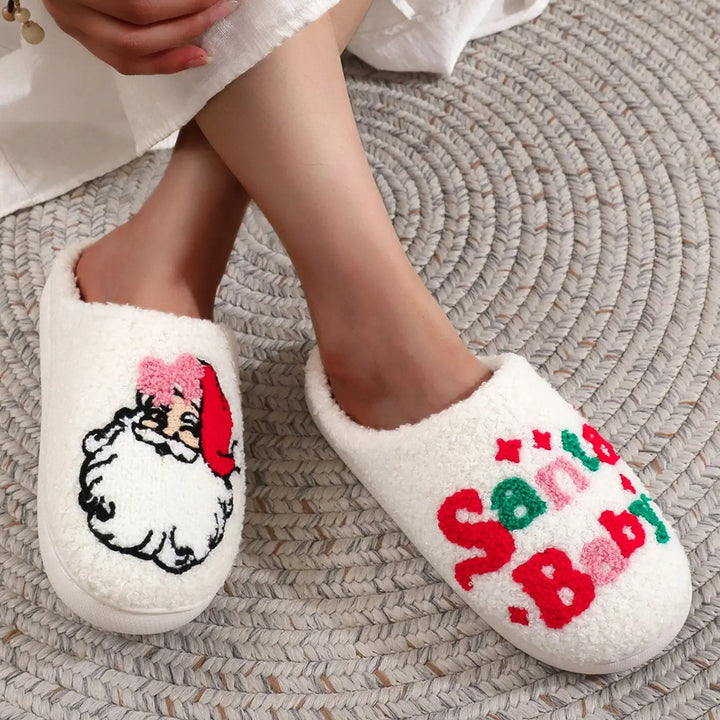 Christmas Santa Baby Printed Fuzzy Closed Toe Indoor Slippers