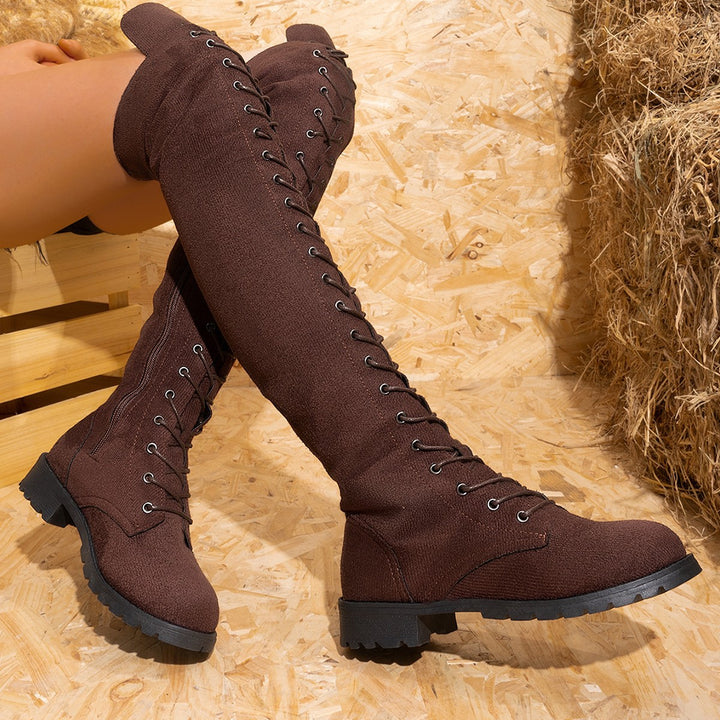 Round Toe Lace‑Up Side Zip Long Boots